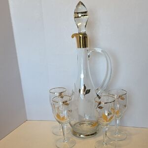 Vintage Romanian glass decanter with gold leaf and etched flower decanter Set